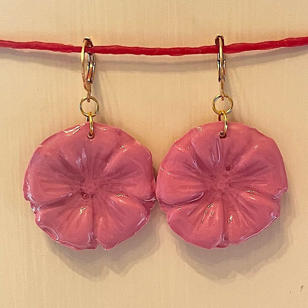 NEW 3D Pink Flower Polymer Clay & Resin Dangle Earrings